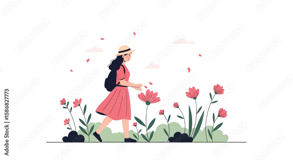 Woman Enjoying Nature Walking Through A Flower Garden On A Sunny Day Woman Enjoying Nature Walking Through A Flower Garden On A Sunny Day
