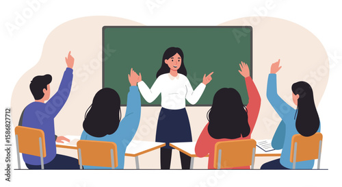 A teacher is standing in front of a chalkboard, pointing towards the class, while students are raising their hands to answer or ask questions.