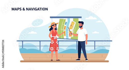 Tourists Navigating City Map On Cruise Vacation For Holiday Itinerary Planning