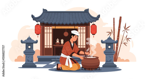 Traditional Asian Cuisine Preparation Scene In a Tranquil Setting With Rich Heritage