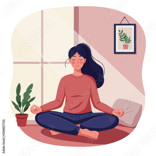 A woman is meditating in a peaceful indoor environment, sitting cross-legged on the floor
