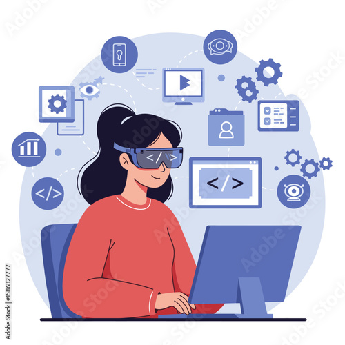 A woman is sitting at a desk, wearing a virtual reality (VR) headset, and interacting with digital content on a laptop.