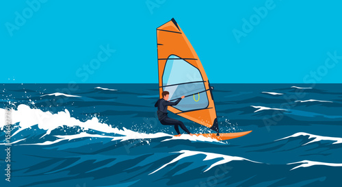 Windsurfer Gliding on Ocean Waves with Orange Sail and Blue Sky.