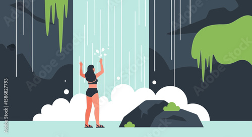 Woman Enjoying Nature Waterfall in Summer Vacation Holiday Peaceful Landscape