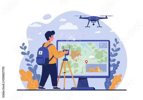 A man with a backpack is standing in a scenic outdoor area with a tripod and camera. He is capturing the view of a map displayed on a screen while a drone hovers above,