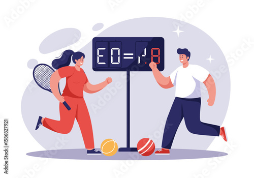 A man and a woman are standing near a tennis scoreboard with the score set to 0-0. The woman is holding a tennis racket while the man appears to be adjusting the scoreboard. 
