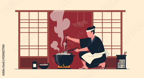 Traditional Culinary Scene Chef Prepares Noodles In Classic Japanese Setting