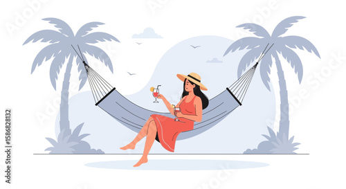 Woman Enjoying Tropical Vacation In Hammock With Cocktails And Palm Trees