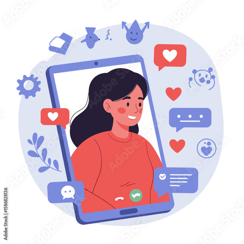 A person is seated with a thoughtful expression, surrounded by various digital icons such as hearts, music, and messages.
