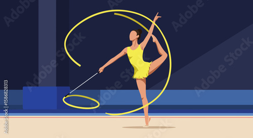 Graceful Rhythmic Gymnast Performing with Yellow Ribbon in Vector Illustration.