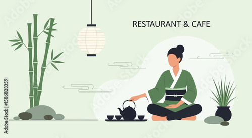 Traditional Japanese Restaurant Serving Tea With Minimalist Natural Background