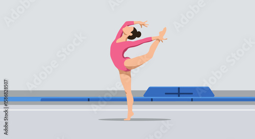 Graceful Gymnast in Pink Leotard Performing Balance Beam Routine Minimalist Style.