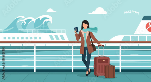 Woman Enjoys Ocean Cruise Vacation with Luggage and Passport on Cruise Ship Deck