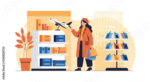 Woman Examining a Model Airplane in a Souvenir Shop Filled with Travel Themed Gifts