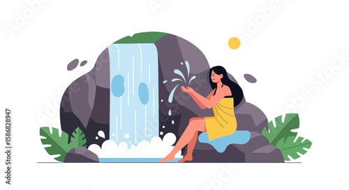 Tranquil Moment At Waterfall Serene Lady Enjoying Nature By The River