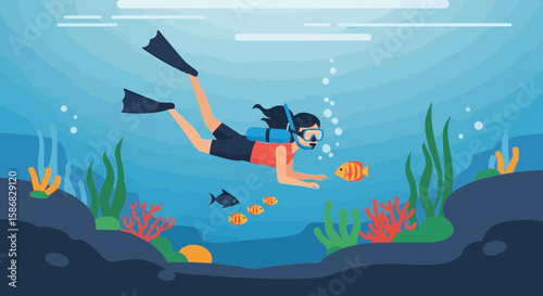 Woman Explores Underwater World Scuba Diving Adventure Beneath The Sea