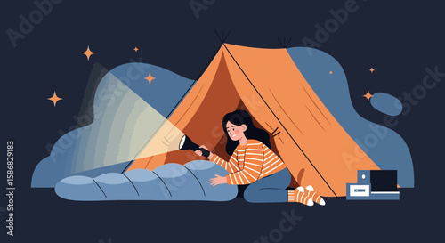 Woman Exploring Camping With Flashlight In Tent Under Night Starry Sky