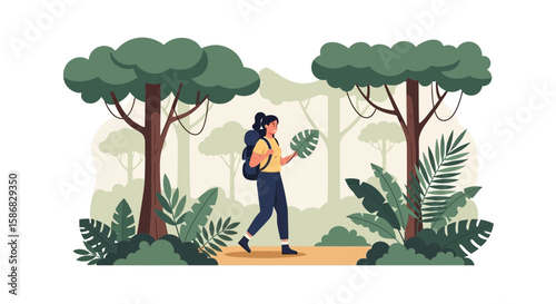 Woman Exploring The Jungle Lush Foliage On A Hiking Adventure