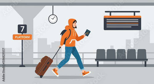 Traveler Arriving At Platform With Luggage And Passport Ready For Adventure