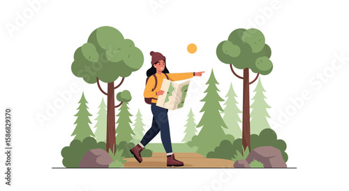 Woman Exploring Nature Holding Map Adventure Trail Hiking In Forest Outdoor