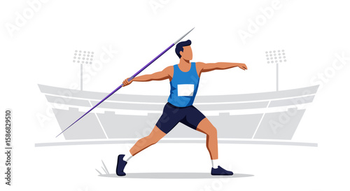 Vector Illustration of Javelin Thrower in Stadium Athletic Competition.