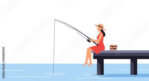 Woman Fishing From Pier Enjoying Relaxation and Summer Recreation Activity