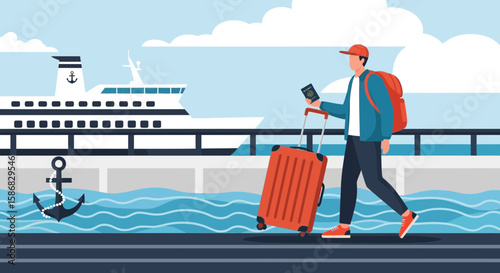Traveler Arriving At The Cruise Ship Terminal With Luggage On A Summer Vacation