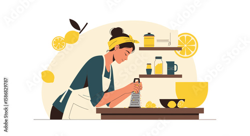 Woman Grating Lemon Peel For Cooking In Modern Kitchen Interior Illustration