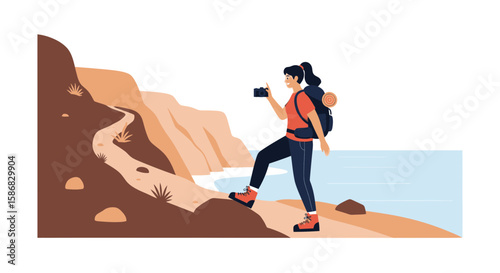 Woman Hiker Enjoying Scenic Views and Capturing the Moment with a Camera