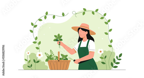 Woman Harvesting Fresh Herbs From Her Garden In A Peaceful Setting