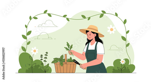 Woman Harvesting Fresh Herbs In Her Organic Garden With Basket And Pruning Shears