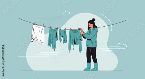 Woman Hanging Wet Clothes On Clothesline During Rainy Day Illustration