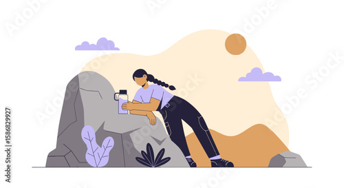Woman Hiker Leaning On A Boulder During A Trek With A Water Bottle Outdoors