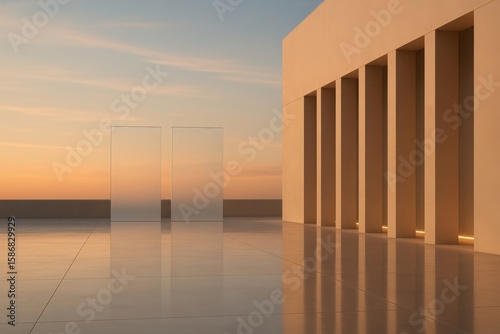 Modern architectural design with reflective surfaces and warm sunset sky creating a serene and minimalist atmosphere