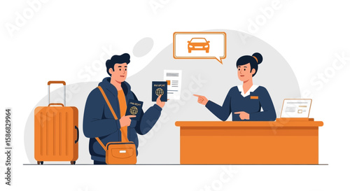 Traveler Checking Into Hotel With Passport And Luggage, Tourist Planning To Rent A Car