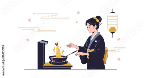 Woman In Kimono Cooking Tempura In Traditional Japanese Setting With Paper Lantern