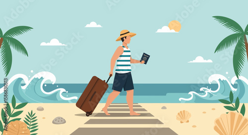 Traveler Heading To Tropical Destination With Passport And Suitcase