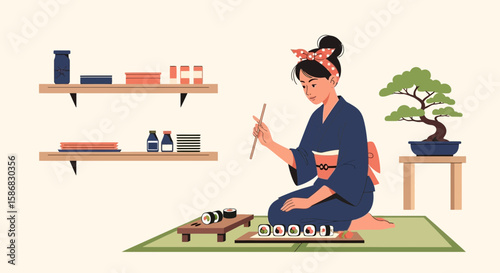 Woman In Kimono Enjoying Sushi Creation With Classic Japanese Culture Details