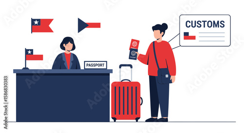 Traveler Passing Customs With Suitcase And Passport At Immigration Checkpoint
