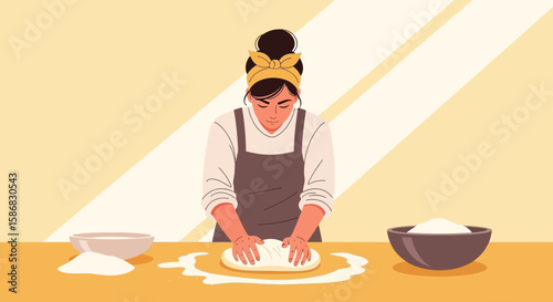 Woman In The Kitchen Kneading Dough For Homemade Bread Or Pastry