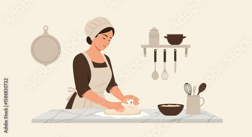 Woman Kneading Dough In A Kitchen For Making Bread Or Baking Products