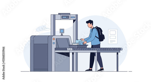 Traveler Preparing For Airport Security Scan While Putting Belongings On Conveyor Belt