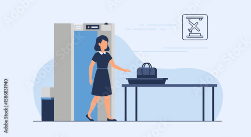 Woman Passing Through Airport Security Scanner With Handbag And Personal Belongings
