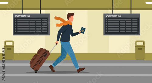 Traveler Rushing To Catch A Flight With Suitcase And Passport At Airport Terminal