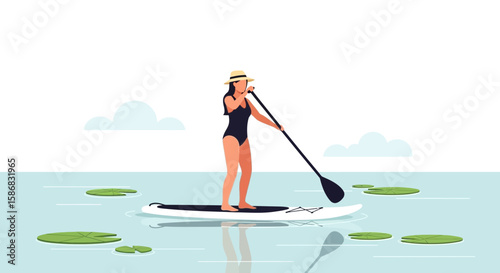 Woman Paddling on Water, Stand Up Paddle Boarding Water Sport Activity