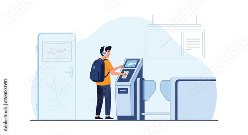 Traveler Self-Check-In At Automated Airport Kiosk For Efficient Journey
