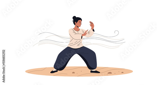 Woman Practicing Traditional Tai Chi Exercise For Wellness On Sand
