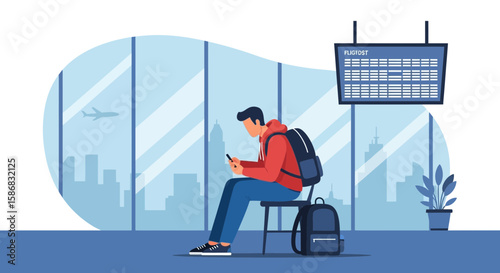 Traveler Waiting In Airport Terminal Using Mobile Phone Before Departure