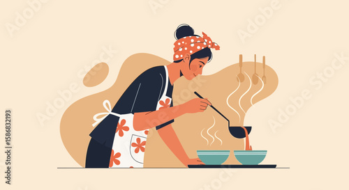 Woman Prepares A Heartwarming Meal With Love In A Cozy Kitchen Illustration