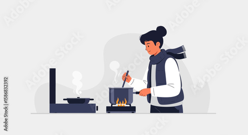 Woman Prepares Comfort Food On Stove While Wearing Winter Clothes In A Cozy Kitchen